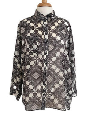 NWT SANS SOUCI Black Off-White Paisley Print Sheer Tunic Top Blouse Oversized S